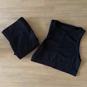 Black Ribbed Two Piece Legging Crop Top Athletic Lounge Set | L